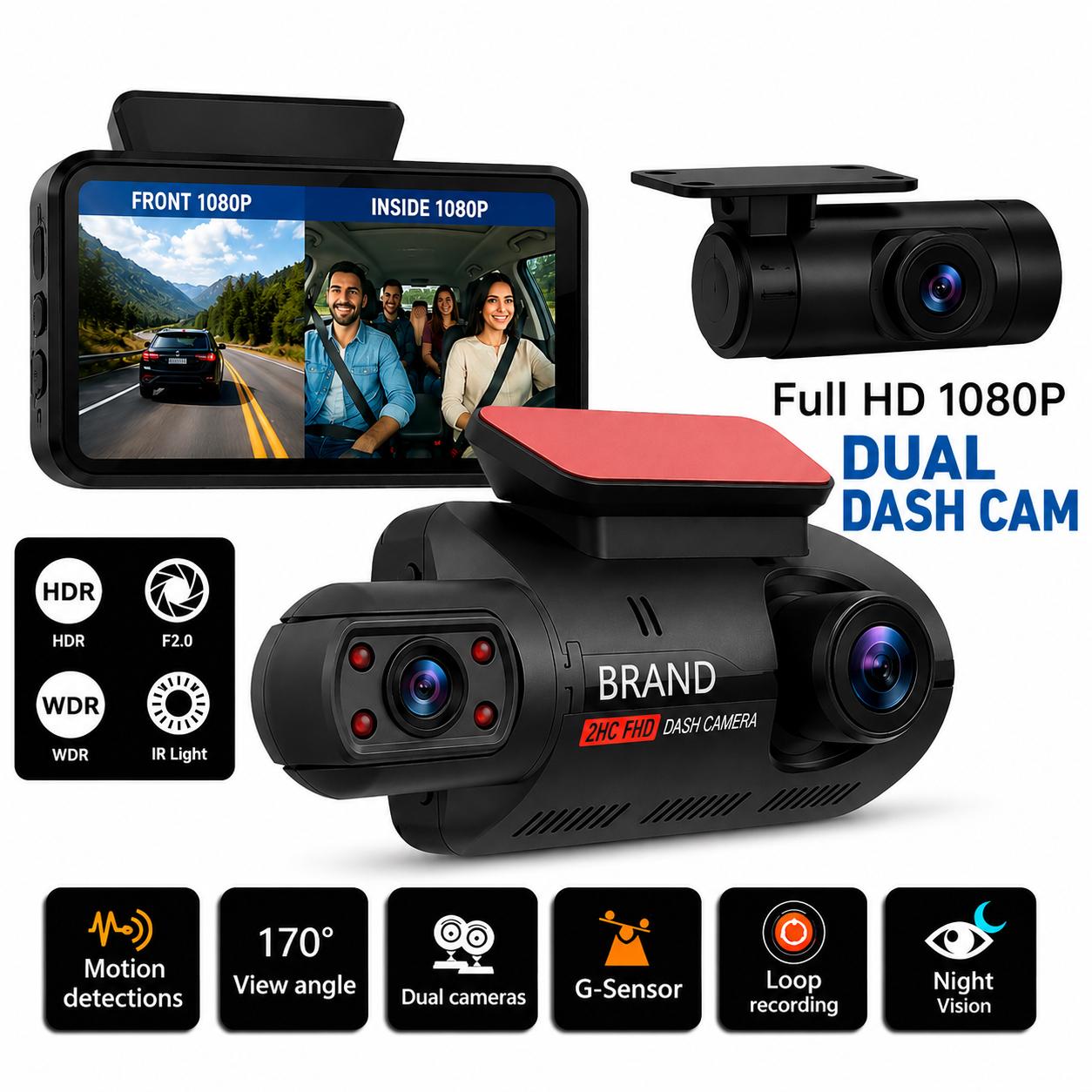 1080P Dual-Lens Dash Cam | Front & Interior Camera with G-Sensor