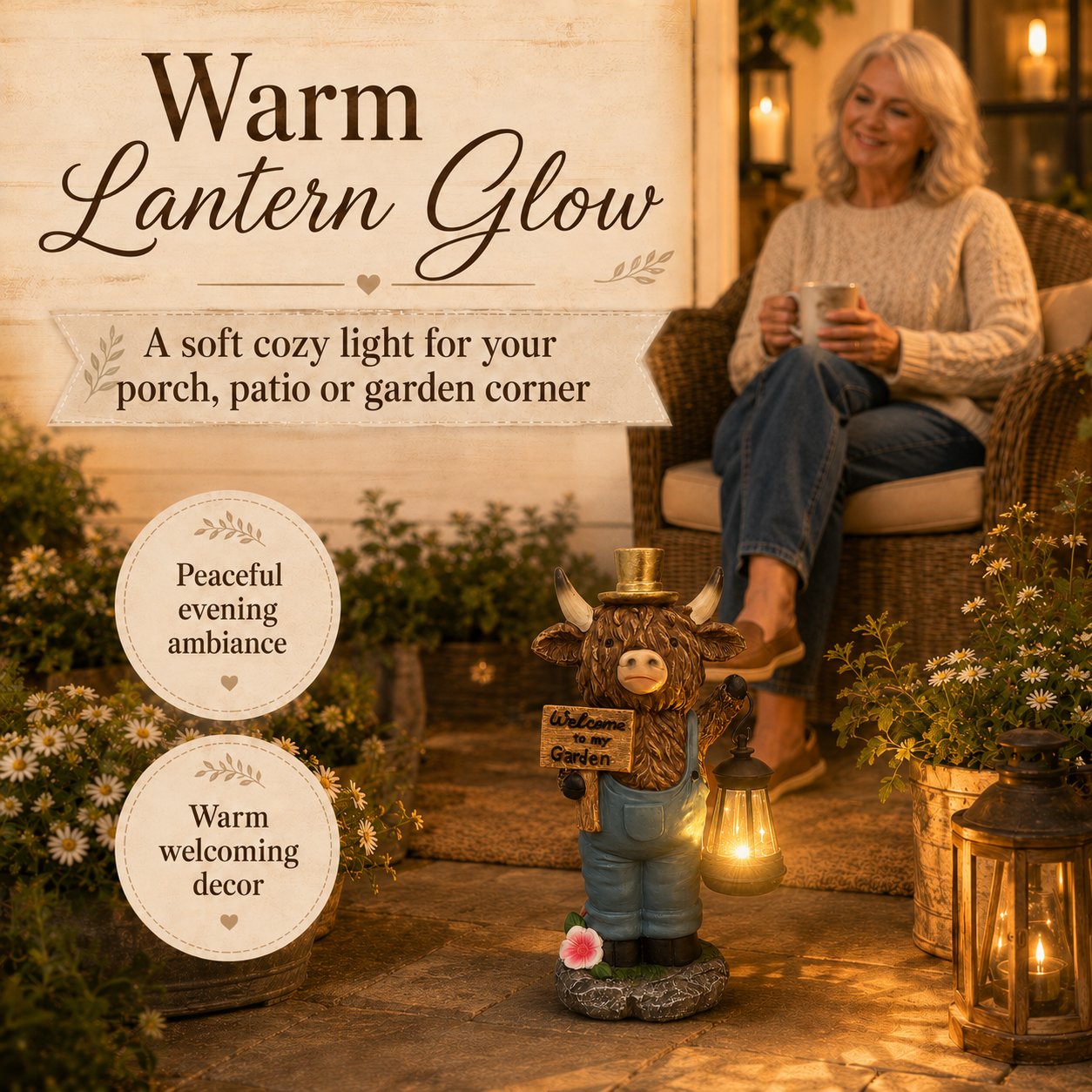 Handcrafted Highland Cow Solar Garden Lantern Statue