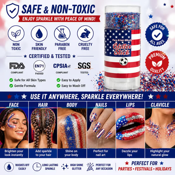 🔥Last Day 54% OFF⚡️3-in-1 Patriotic Glow😍✨Red, White & Blue Glitter Body Stick✨4th of July Glitter Stick🔔