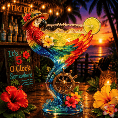 🦜Parrot Paradise Margarita Glass🐢 Tropical Coastal Collector Cocktail Goblet
