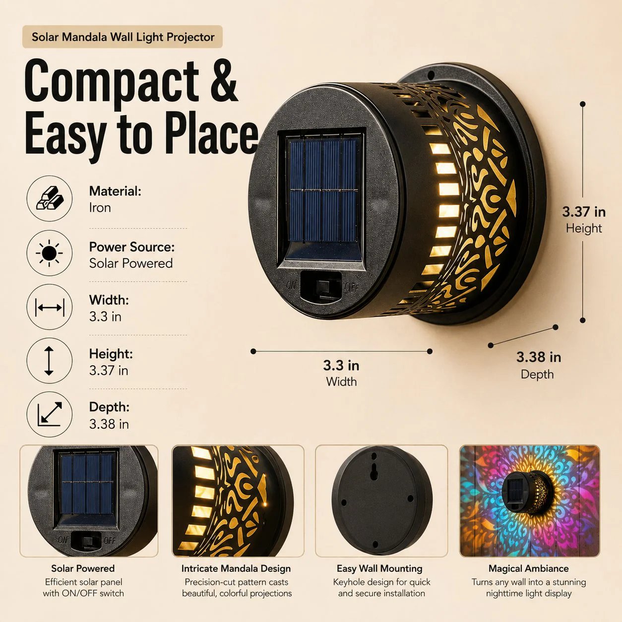 💖🏆Limited Time Sale 49% OFF🎁🏡Solar Mandala Wall Light Outdoor Garden Fence Projector Lamp Patio Ambient Decor