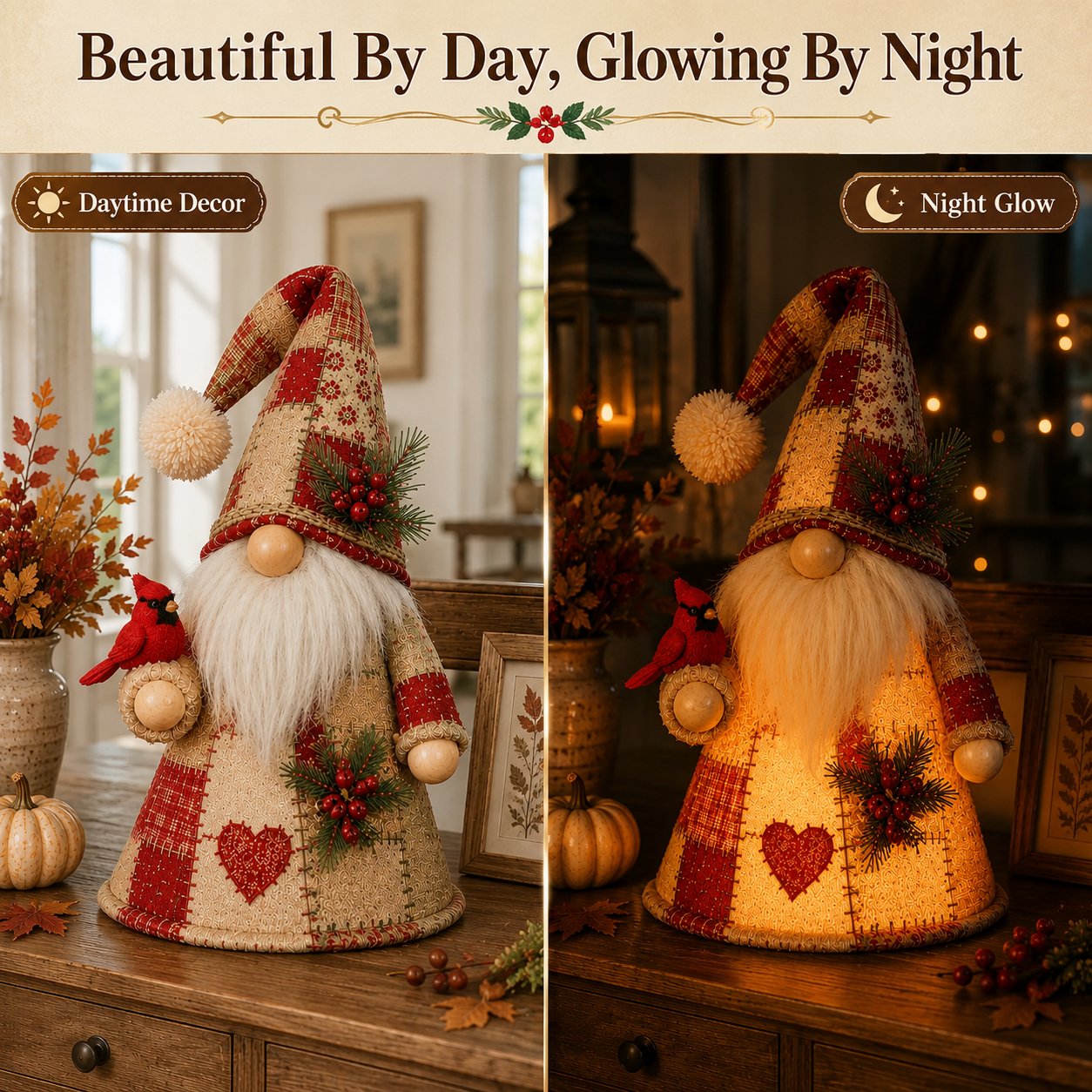 HOT SALE 49% OFF – 🐦 Patchwork Bird Gnome Light Collection | Warm Glowing Tabletop Decor with Farmhouse Patchwork Details for Mantels, Shelves & Holiday Gifts