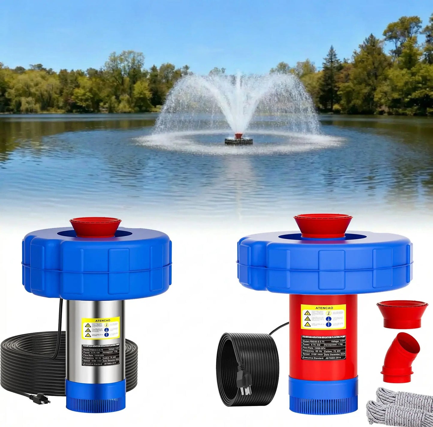 1HP 750W Floating Pond Fountain Aerator, 15000 GPH Pump for Large Ponds & Lakes