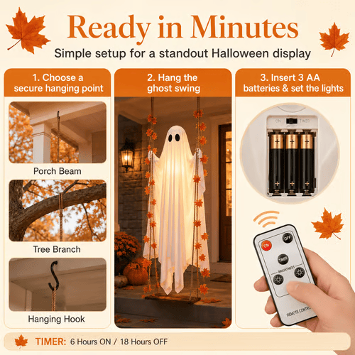 🎃 Floating Ghost Swing – Lighted Halloween Porch & Tree Decor