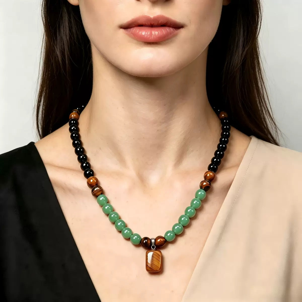 ✨ Money Attraction Necklace With GreenAventurine & Tiger Eye Pendant Healing Crystal Stone