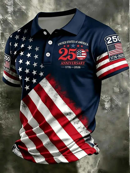 Men’s Patriotic American Flag Polo Shirt – 250th Anniversary Edition (1776–2026) 🇺🇸