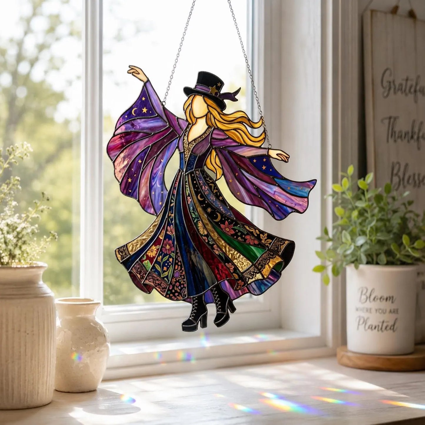 💥 LAST DAY 50% OFF - 💃 Rock Goddess Stevie 🤘 Handmade Stained Glass Spinning Suncatcher