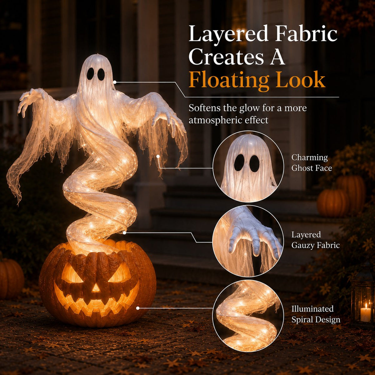 👻 Swirling Ghost Pumpkin Yard Lamp – 51in Lighted Halloween Porch Decor 🎃