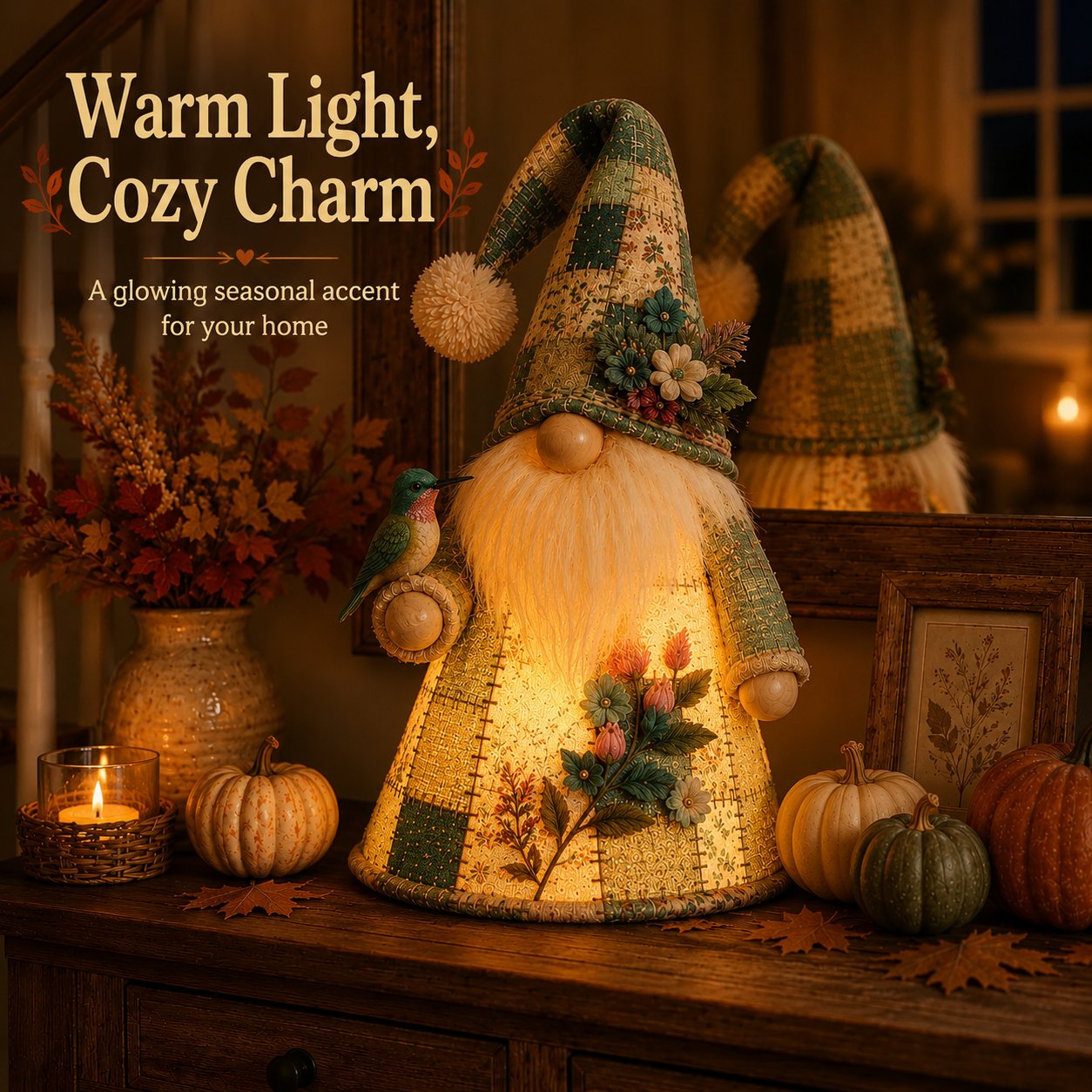 HOT SALE 49% OFF – 🐦 Patchwork Bird Gnome Light Collection | Warm Glowing Tabletop Decor with Farmhouse Patchwork Details for Mantels, Shelves & Holiday Gifts