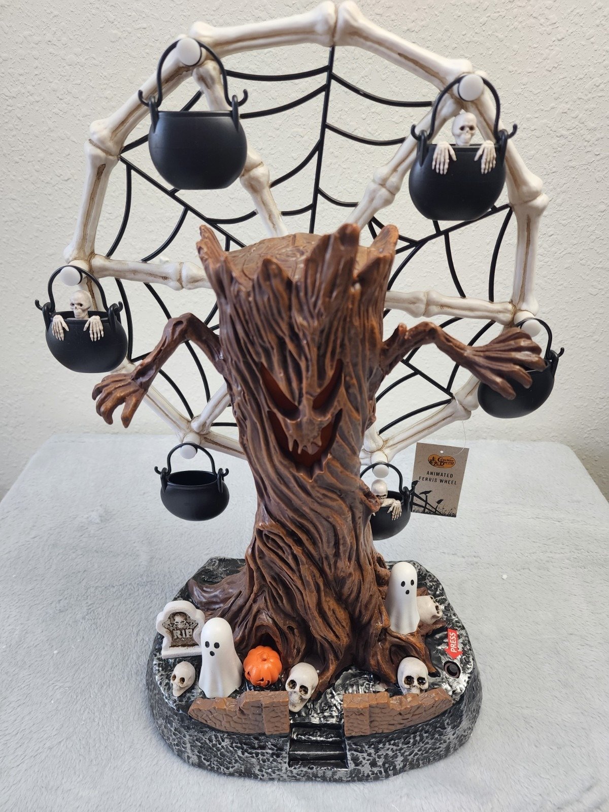 🔥HOT SALE🔥📦Free Shipping🛫Rotating Halloween Ghost Tree Ferris Wheel Table Decor, LED Light Up Skeleton Spider Web Spooky Figurine with Sound