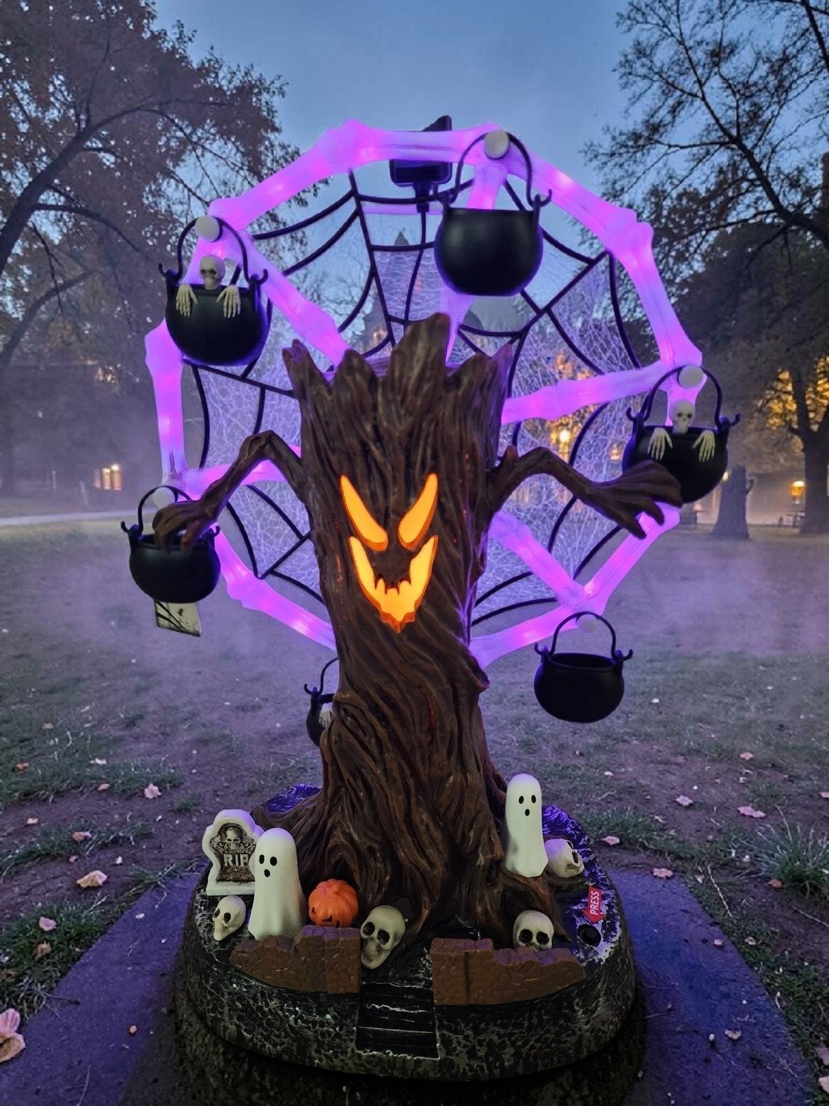 🔥HOT SALE🔥📦Free Shipping🛫Rotating Halloween Ghost Tree Ferris Wheel Table Decor, LED Light Up Skeleton Spider Web Spooky Figurine with Sound