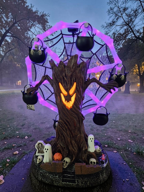 🔥HOT SALE🔥📦Free Shipping🛫Rotating Halloween Ghost Tree Ferris Wheel Table Decor, LED Light Up Skeleton Spider Web Spooky Figurine with Sound