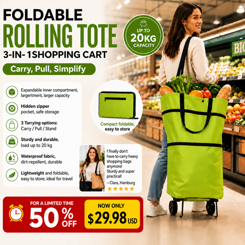 🔥 50% OFF|🛍️✨  3-in-1 Expandable Rolling Shopping Tote – 🛞Hidden Wheels & 44LB Capacity