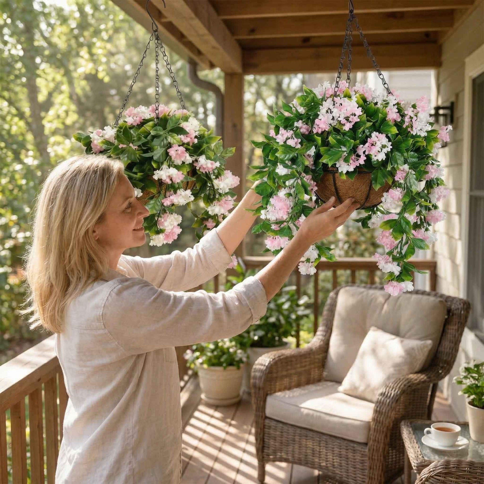 🚀UV Fade-Resistant Faux Crape Myrtle Hanging Basket with Coco Liner & Chain