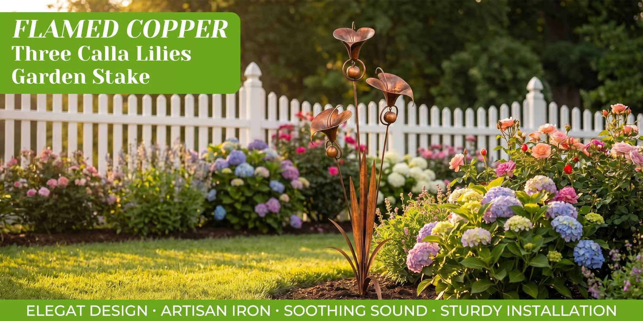 Flamed Copper Three Calla Lilies Garden Stake with Bells