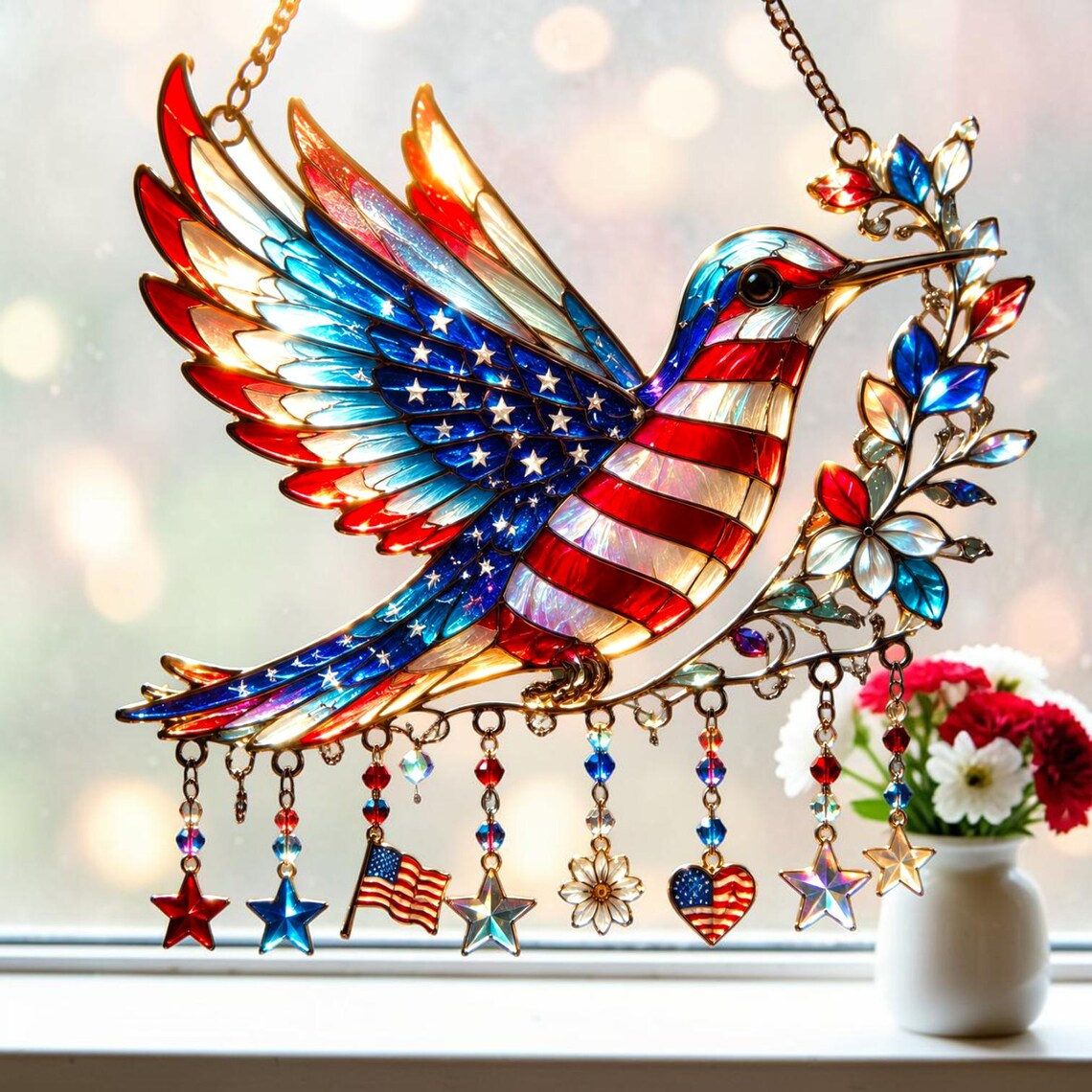 💝250th Anniversary Gift🎁Charm Patriotic Hummingbird - Acrylic Window Hanging Suncatcher🐦