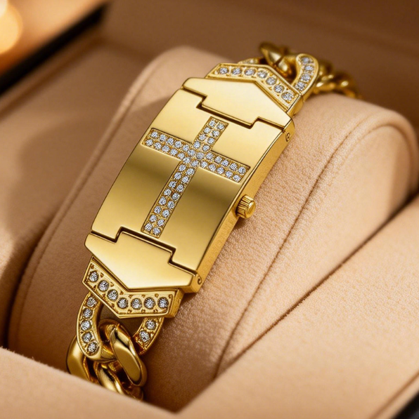⏰Sparkling Crystal Cross Watch—Geometric Rectangular Dial, Premium Metal Strap💎
