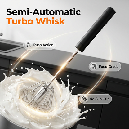 🥚🍳 Limited Time 50% OFF✨ Semi-Automatic Turbo Stainless Steel Hand Whisk, No-Slip Grip Food-Grade Push Action Mixer for Egg Beating, Cream Whipping, Cake Baking & Daily Kitchen Use